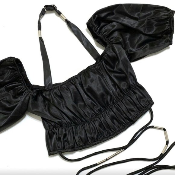 Maniere De Voir Black Satin Puff Sleeve Corset Crop Top - Picture 2 of 10